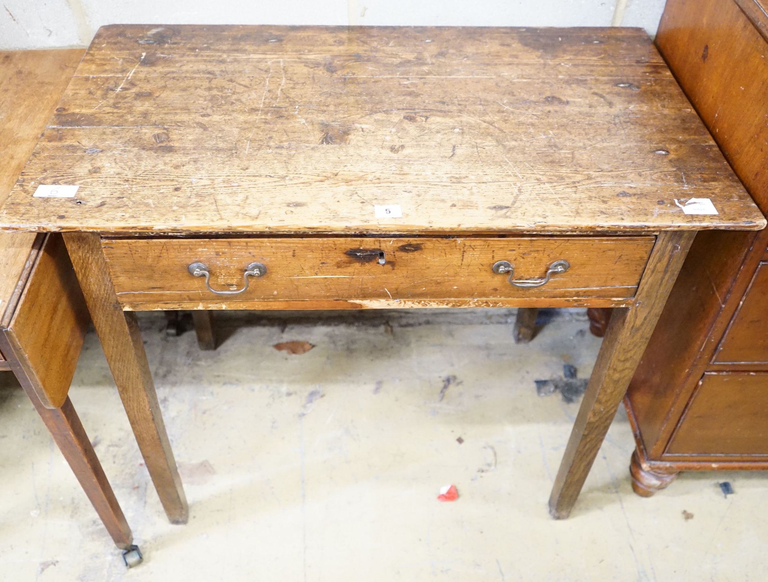 A George III provincial oak and pine side table, width 92cm, depth 53cm, height 76cm